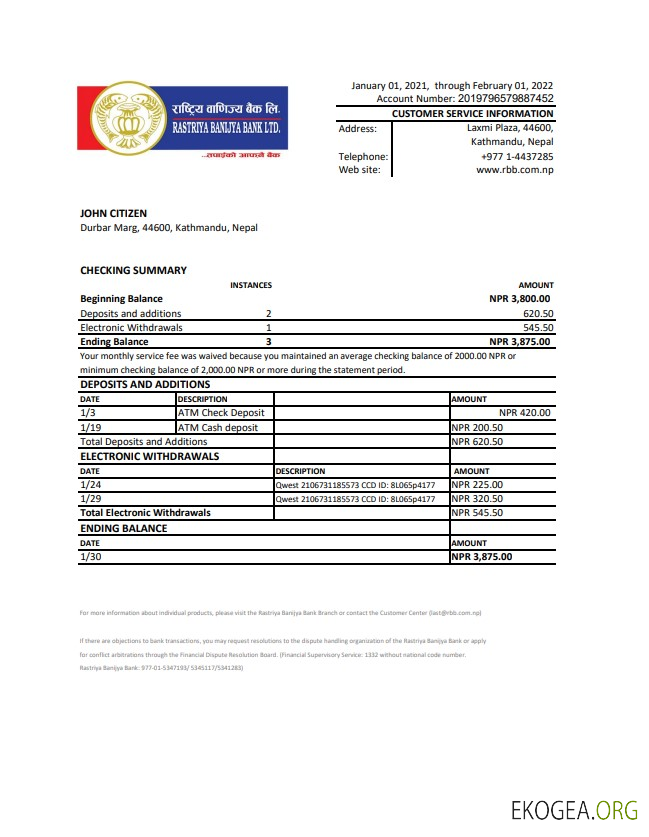 Népal Rastriya Banijya Relevé bancaire xls